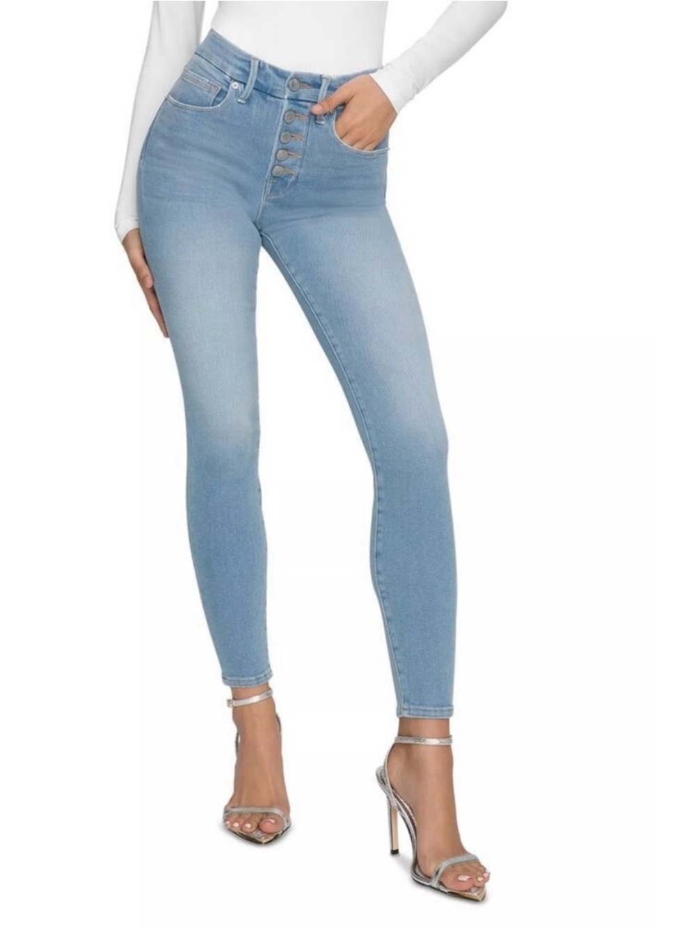 Good American Good Legs High Rise Button Fly Skinny Jeans Size 27 Light Wash